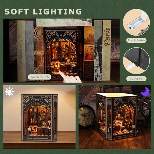 Book Nook Kit – 3D Wooden Puzzle Miniature Dollhouse, DIY Craft for Teens and Adults, Vintage Design with LED Lights and Touch Switch（Classical Library） - Image 5