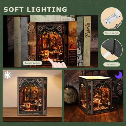Book Nook Kit – 3D Wooden Puzzle Miniature Dollhouse, DIY Craft for Teens and Adults, Vintage Design with LED Lights and Touch Switch（Classical Library） - Image 5