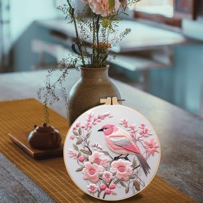 FONNUY Embroidery Kit for Beginners, Hummingbird Flowers Pre-Stamped Pattern Kits for Adults with Hoop, Easy to Follow Color Thread Needlework, 8''Hoop (Lightpink) - Image 3