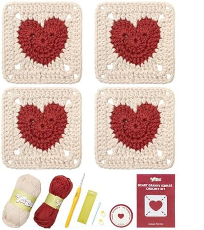Yeezhee Crochet Kit for Beginners, Granny Square Starter Kit with Step-by-Step Video Tutorials, Knitting Kit for Adults & Teens Including Yarn, Crochet Hook, Heart by Yeezhee