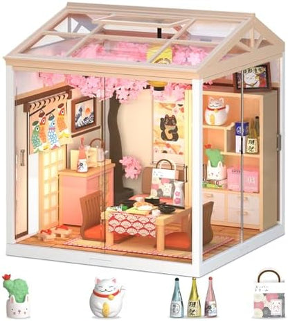 DIY Japanese Sakura Izakaya Miniature House Kit, LED Light Mini Dollhouse Kit for Adults and Teens, with Roof & Dust Covers, Tiny House Gifts for Kids and Adults by Loyratche