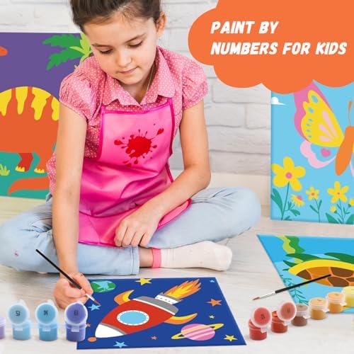 goldentime 6 Pack 8x8inch Paint by Numbers Kit for Kids, Predrawn Canvas for Painting with Unicorn, Butterfly & More, Includes 18 Acrylic Paints, 6 Brushes & Easels, Easy Art Supplies for Kids 4-8-12 - Image 5