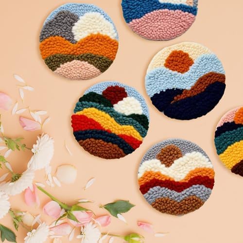 Starter Needle Coasters Kit, Punch Needle Embroidery DIY Set for Beginners Adults, Easy Coasters Kit with Adhesive Felt, Yarns, Embroidery Hoop (Multi landscape1) - Image 5