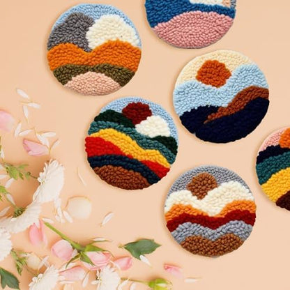 Starter Needle Coasters Kit, Punch Needle Embroidery DIY Set for Beginners Adults, Easy Coasters Kit with Adhesive Felt, Yarns, Embroidery Hoop (Multi landscape1) - Image 5