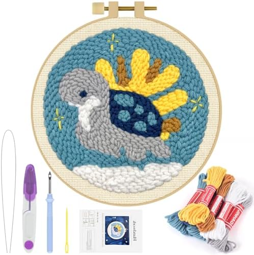 ERKOON Punch Needle Kit Adults Beginners, DIY Easy Sea Animals Embroidery Set for Starter Art Craft, Needling Punch Project with Patterns, Tools, Yarns, Hoop, Instruction (Turtle) by ERKOON