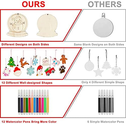 GUDELAK 60PCS DIY Wooden Christmas Ornaments, 12 Styles Christmas Crafts for Kids Adults with Ropes, 60 Bells and 12 Colored Pens, Unfinished Wood Ornaments Making Kit for Christmas Tree Decorations - Image 4