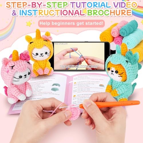 Crochet Kit for Beginners - 3 PCS Unicorn Cat Crochet Kits with Step-by-Step Video Tutorials, Beginner Crochet Kit for Adults, Crochet Animal Kit for Starters, Cat Dressed as Unicorn Set - Image 2