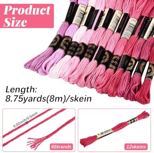 12 Skeins 105 Yards 6 Strands Pink Embroidery Floss Friendship Bracelet String Threads Variegated Gradient Polyester Cross Stitch Thread Yarn Set for Jewelry Hand Sewing Knitting Craft DIY - Image 2