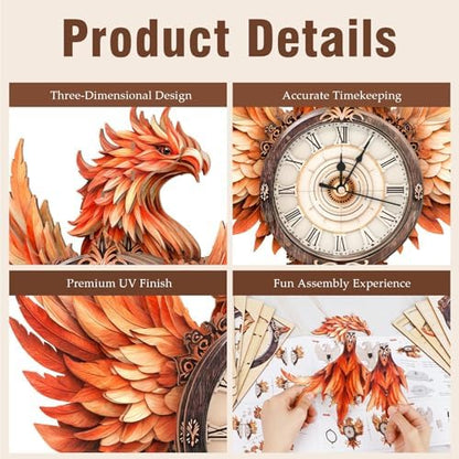 3D Puzzles for Adults, Fire Phoenix Wall Clock 3D Wooden Puzzles Clock Kits for DIY Birthday Gift for Women Men Home Decor Holiday Christmas - Image 3