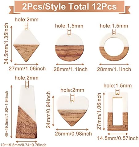 FASHEWELRY 12Pcs Resin Wooden Pendants 6 Styles Rectangle Rhombus Flat Round Geometry Vintage Resin Wood Statement for Jewelry Making (White) - Image 5