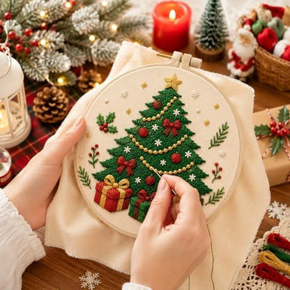 DIYDeligths Christmas Embroidery Kit for Beginners Adults Pre Printed Pattern Hand Needlepoint Craft DIY Art Set with 7.87in Hoop Needle Threads Instructions (Christmas Tree) - Image 2