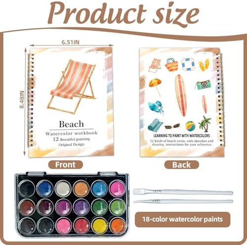 Watercolor Workbook, Water Coloring Book, 12 Different Patterns of Original DIY Designs, 18 Colors Watercolor Set, Beginner-Friendly Watercolor Workbooks (Beach), Perfect Gifts for Adults - Image 2