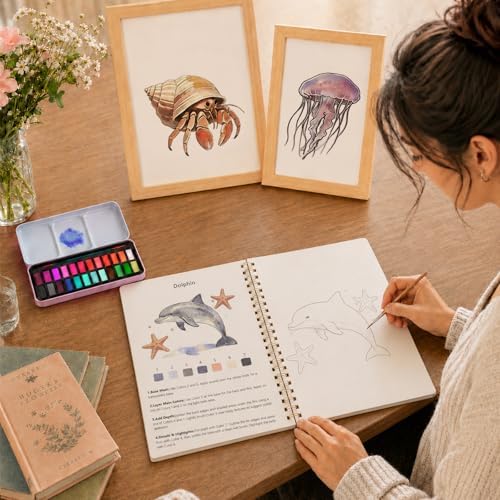 Watercolor Workbook - Water Coloring Book Set for Adults and Beginners, Water Colors Book 14 Ocean Animal 24 Color Watercolor Paint, 3 Brush Pens, 300g Watercolor Paper Gift for Art Lovers - Image 6