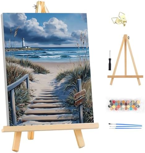 EOBROMD Framed Paint by Numbers Kits for Adults with Wooden Easel, Landscape Seaside DIY Paint by Numbers for Adults Beginner, Painting on Stretched Canvas, Home Decor Gift 10x14 Inch by EOBROMD