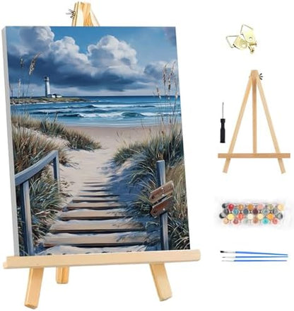 EOBROMD Framed Paint by Numbers Kits for Adults with Wooden Easel, Landscape Seaside DIY Paint by Numbers for Adults Beginner, Painting on Stretched Canvas, Home Decor Gift 10x14 Inch by EOBROMD