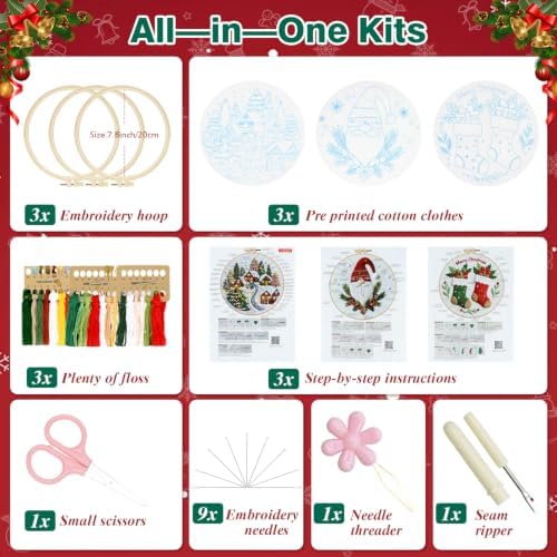 Christmas Embroidery Kit, 3 Pack Christmas Cross Stitch Kits for Adult - Image 2