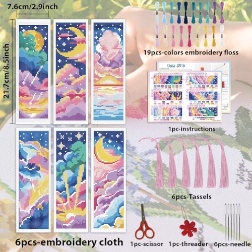 ACRNIGHEET 6PCS Cross Stitch Bookmark Kit for Beginner Colorful Clouds Stamped Cross Stitch Kits Needlepoint Kit for Adults DIY Tassel Embroidery Bookmark Kits & Instructions Craft Gift 8.5"x3" 11CT - Image 2