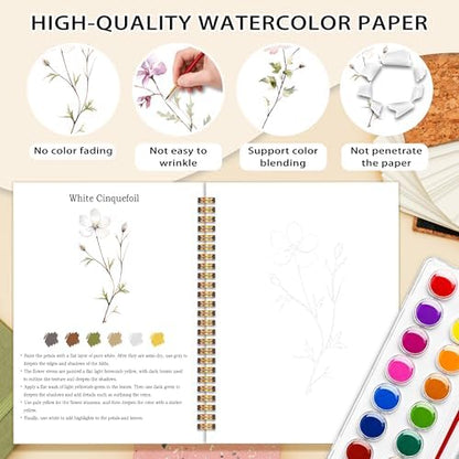 Easy Wildflowers Watercolor Workbook for Beginners, Water Coloring Book, 18 Colors Watercolors Paint Set, 12 Patterns Watercolor Kit, Stress Relief Gifts for Women Adults Teen - Image 3