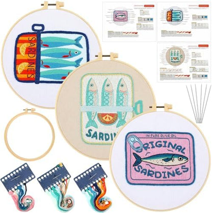 Mindsoft 3 Set Needlepoint Kit for Beginners with Hoop,Sardine by Mindsoft