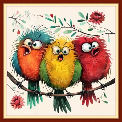 Joyhoor Cross Stitch Kits for Beginners Stamped Cross-Stitch Supplies Needlework preprint Embroidery Kits for Adults DIY Needlepoint Kit Embroidery Patterns 11CT-Three Mischievous Birds 18x18 inch by JoyhoorCrossStitchKits