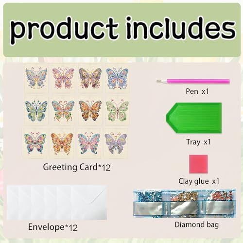 jinglinhh 12pcs Fluttering Butterfly Diamond Art Painting Greeting Cards with Envelopes, DIY Card Making Kits for Adults, Diamond Art Christmas Cards for Birthday Holiday Postcards Craft Gifts - Image 3