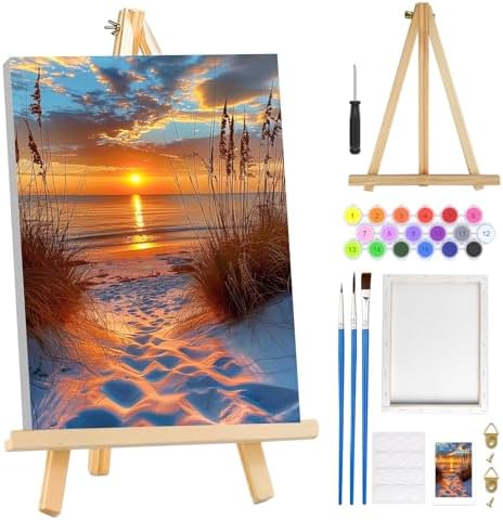 MOGTAA Landscape Paint by Numbers Kit for Adults Beginners with Frame, Beach Adult Paint by Number Kits on Canvas with Easel, Easy DIY Sunset Oil Painting Kits for Home Decor, 8x12in by MOGTAADIYHomeDecor