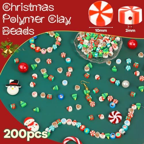 200 Christmas Polymer Clay Beads Charms for Making Bracelets, 10mm Cute Flat Spacer Clay Heishi Christmas Beads for Women Jewelry Making DIY - Image 2