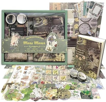 BoomTeck Vintage Scrapbooking Kit, Aesthetic Junk Journal Supplies with Scrapbook Paper, Washi Stickers, A6 Grid Notebook - DIY Craft Journaling Gift for Teen Girl Adult (Green) by Unknown