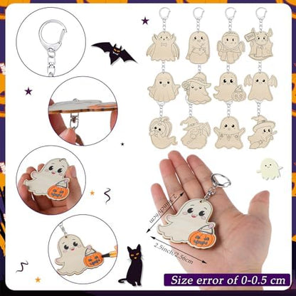 Trnayi 36 Pcs Halloween Ghost Wood Keychain Color Your Own DIY Craft - Image 2