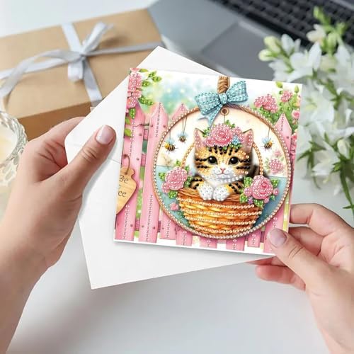 ARTopet 6Pcs Folding Greeting Card Diamond Art Painting Thank You Blessing Cards with White Envelope Rhinestones Painted Making Kits for Adults DIY Craft Holiday Gift-Cat03 - Image 7