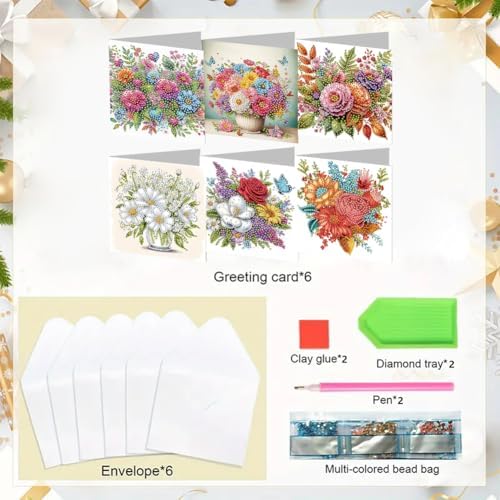 jinglinhh 6pcs Flowers in Full Bloom Diamond Art Painting Greeting Cards with Envelopes, DIY Card Making Kits for Adults, Diamond Art Postcards Christmas Cards Craft Gifts - Image 3