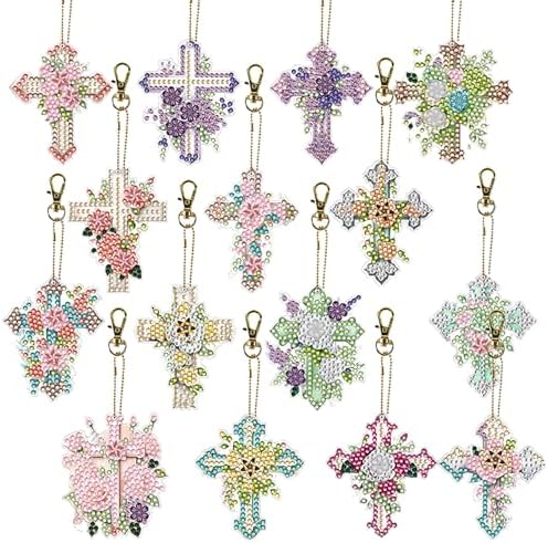 15 pcs Summer Theme Diamond Art Keychain Ornaments Double Sided 5D DIY Diamond Painting Keychain Kits for Adults Key Ring Art Pendant Decor (Cross) by Unknown