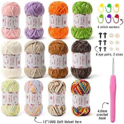 12 Pack Chenille Chunky Yarn - Baby Yarn for Crocheting Soft - Red Purple Green Pink Gray Blue Black White Velvet Yarns Crochet Blanket - Amigurumi Yarns Pack with Crochet Accessories G - Image 2