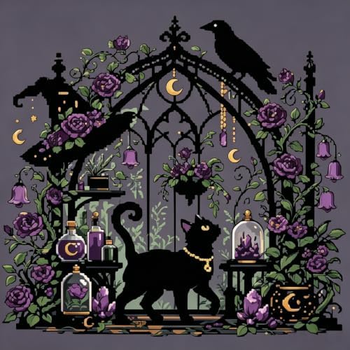 Halloween Black Cat Stamped Cross Stitch Kits for Beginner 13.7x13.7 Inch by Mosaflare