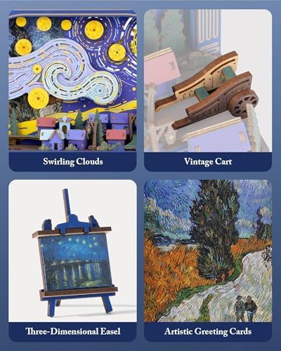 3D Wooden Puzzles for Adults Van Gogh Starry Night DIY Model Building Kits with LED Light - Home Decor, Wall Art & Unique Creative Gifts for Art Lovers/Men/Women - Image 4