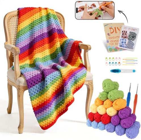 HUYEIOBGD Crochet Blanket Kit for Beginners – Easy Crochet Starter Kit for Adults & Kids, Colorful Rainbow Stripe Yarn, Complete Crochet Supplies with Step-by-Step Video Instructions by Unknown