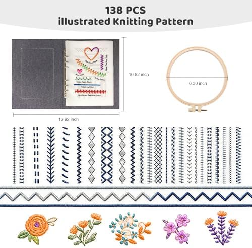 Vipxsa Embroidery Stitch Book Kit for Beginners, 138 Patterns with Embroidery Hoop & 87 PCS Tools, Portable Loose-Leaf Beginner Embroidery Kit Hand Embroidery Starter Kit for Adults DIY Craft Lovers - Image 7