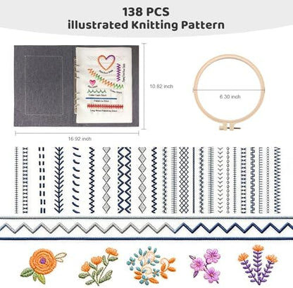 Vipxsa Embroidery Stitch Book Kit for Beginners, 138 Patterns with Embroidery Hoop & 87 PCS Tools, Portable Loose-Leaf Beginner Embroidery Kit Hand Embroidery Starter Kit for Adults DIY Craft Lovers - Image 7