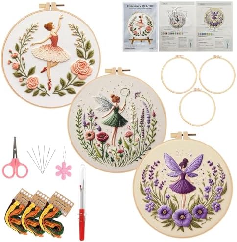 Embroidery Kit for Adults, Pre-Stamped Pattern Embroidery Kit for Beginners, Needlepoint Starter Kit with Hoop Thread Needle Instruction, 7.9'' Hoop (Flower Fairy 3 Packs) by Unknown