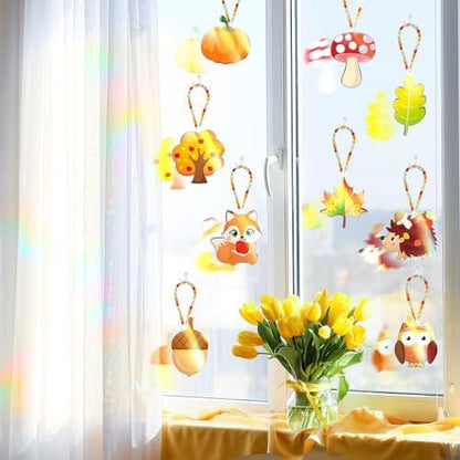 Dunzoom 30 Set Fall Craft Kits Thanksgiving Suncatchers Kits Autumn Pumpkin Maple Leaves DIY Craft Make Your Own Suncatcher Paint Ornaments for Thanksgiving Art Activities - Image 4