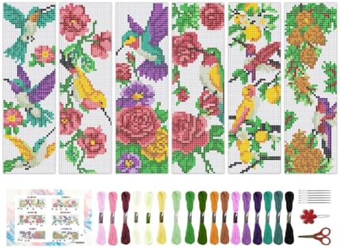 BEUNITONE 6 Pcs Cross Stitch Bookmark Kit for Beginner Vintage Flower Hand Embroidery Kit with Instruction Hummingbird Stamped Embroidery Bookmarks Handmade for DIY Crafts Book Lovers 8.5''x3'' by BEUNITONE