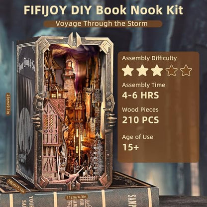 Book Nook Kit - 3D Wooden Puzzle DIY Miniature House Kit, Booknook Craft Bookshelf Decor Gift for Adults (Voyage Through The Storm) - Image 2
