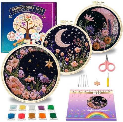 Huacan Embroidery Kit for Adults Beginner - Embroidery Kits for Adults Beginner 3 Pcs Moon Floral Pattern, Hand Stitching Kit Art Craft, DIY Sewing Kit with Box 7.9 x 7.9 Inch by Home