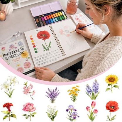 Watercolor Workbook - Water Coloring Book Set for Adults. 14 Beautiful Flower Designs Water Colors Book, 24-Color Watercolor Paint, 3 Brush Pens, 300g Watercolor Paper, Friendly for Beginners - Image 2