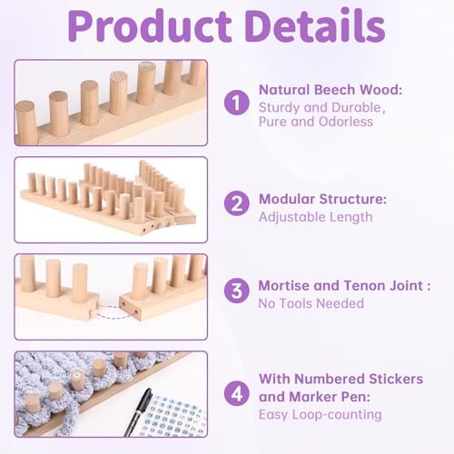 46" Beechwood Chunky Blanket Loom Kit, Adjustable Hand Knitting Loom for DIY Chunky Yarn Blankets, Large Wooden Loom Knitting Board, No Needles Required Blanket Maker, Beginner Friendly Craft Gift - Image 4