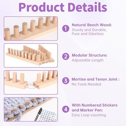 46" Beechwood Chunky Blanket Loom Kit, Adjustable Hand Knitting Loom for DIY Chunky Yarn Blankets, Large Wooden Loom Knitting Board, No Needles Required Blanket Maker, Beginner Friendly Craft Gift - Image 4