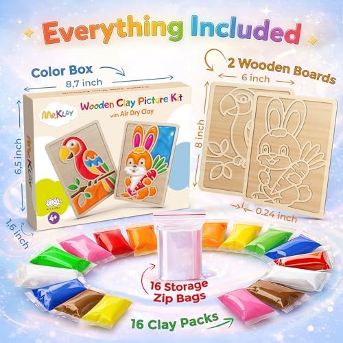 Air Dry Clay for Kids - Modeling Clay for Kids DIY Arts and Crafts Kit with 16 Soft Colored Magic Clay Bags & 2 Engraved Wooden Boards - Wooden Clay Picture Kit for Boys and Girls Ages 4-8 - Image 2