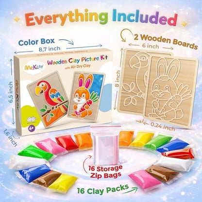 Air Dry Clay for Kids - Modeling Clay for Kids DIY Arts and Crafts Kit with 16 Soft Colored Magic Clay Bags & 2 Engraved Wooden Boards - Wooden Clay Picture Kit for Boys and Girls Ages 4-8 - Image 2