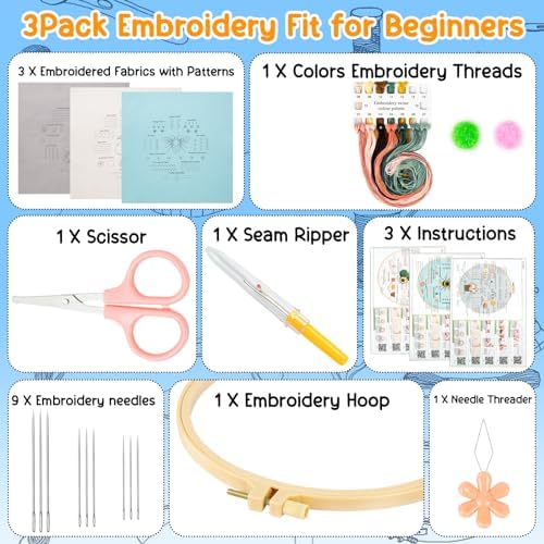 Ponpon 3 Sets Embroidery Kit for Beginners, Embroidery Kit for Adults with Follow Instruction, Cross Stitch Kits with Wooden Embroidery Hoops (Stlye D) - Image 2