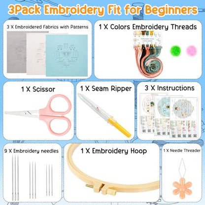 Ponpon 3 Sets Embroidery Kit for Beginners, Embroidery Kit for Adults with Follow Instruction, Cross Stitch Kits with Wooden Embroidery Hoops (Stlye D) - Image 2
